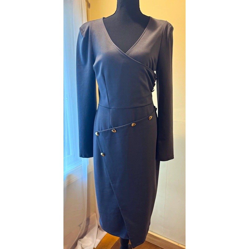 Women's Gray Solid Knit Midi Sheath Dress V-Neck Long Sleeve Zip Button L